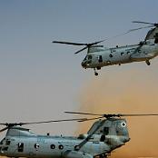 CH-46 helicopters from HMM-364 land at the assembly area for Task Force Mech to drop off U.S. Marines from 1st Marine Expeditionary Force (I MEF) on May 1, 2008. Task Force Mech, Ground Combat Element, Multi National Force - West is conducting operations along the northern boundary of Al Anbar Providence in support of Operation Defeat Al Qaeda in the North. (U.S. Marine Corps photograph by Cpl. Jason W. Fudge/Released)